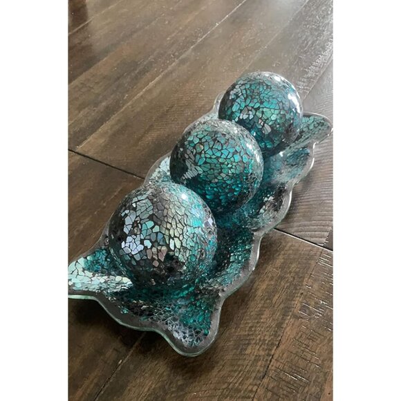Other - New 12.4" Mosaic Glass Decorative Tray with 3 Decorative Orbs, Living Room Decor